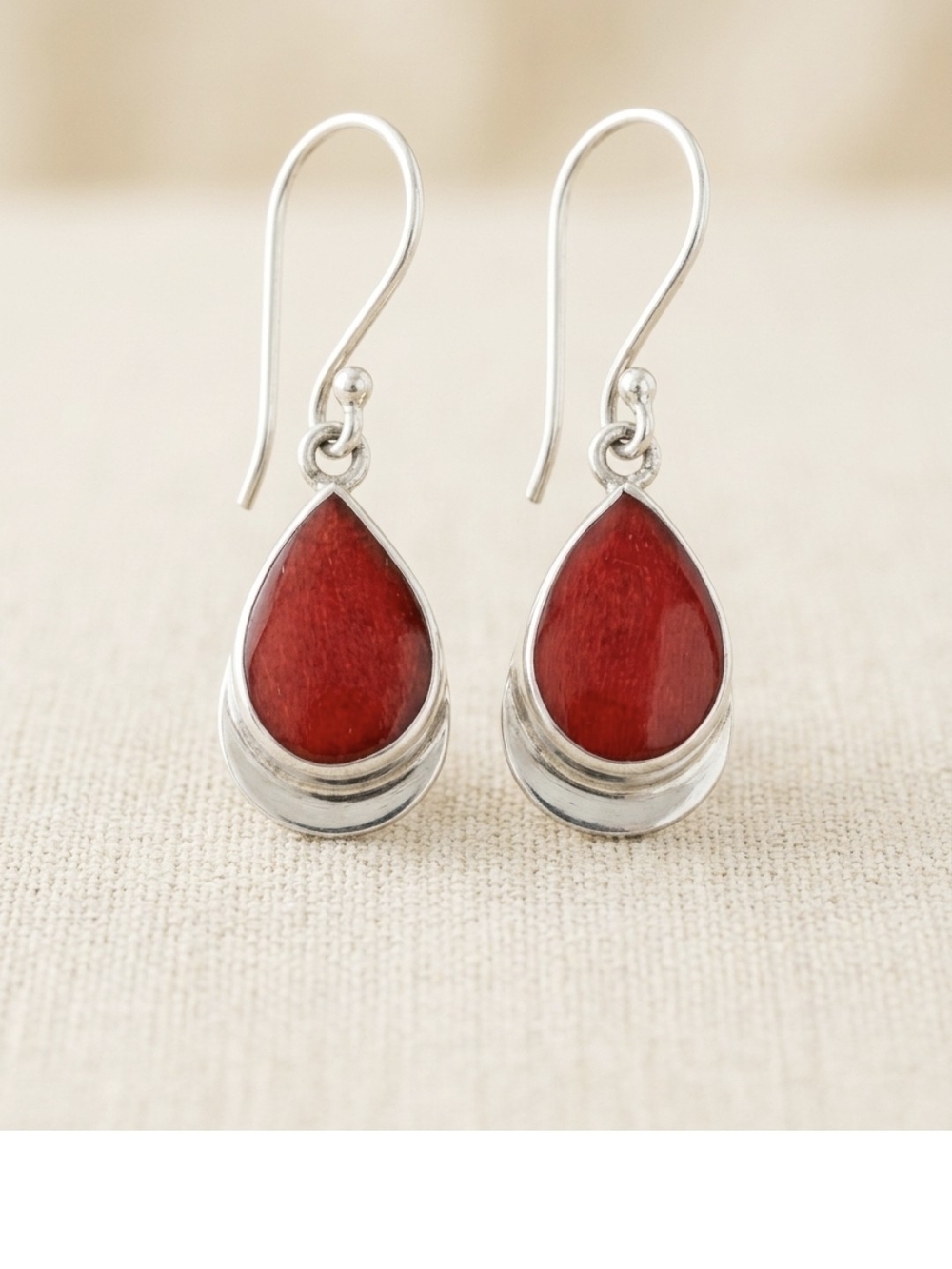 925 Sterling Silver Teardrop Authentic Red Coral Earrings